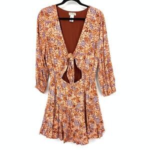 L*Space Stay Golden Ditsy Floral Print Dress Womens Size Large Tie Front Cutout